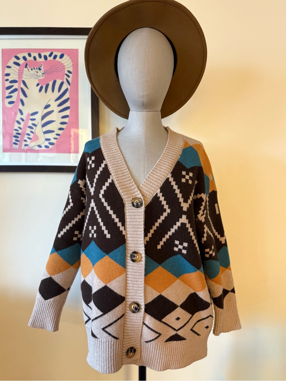 Size small- Cream Geometric Button-Up Cardigan Sweater